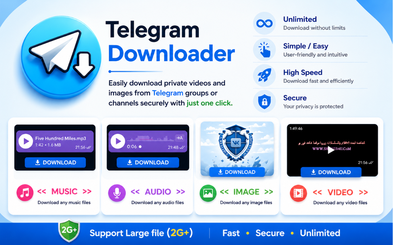 Funktionsübersicht des Telegram-Downloaders für Video, Bild, Audio, GIF und große Dateien